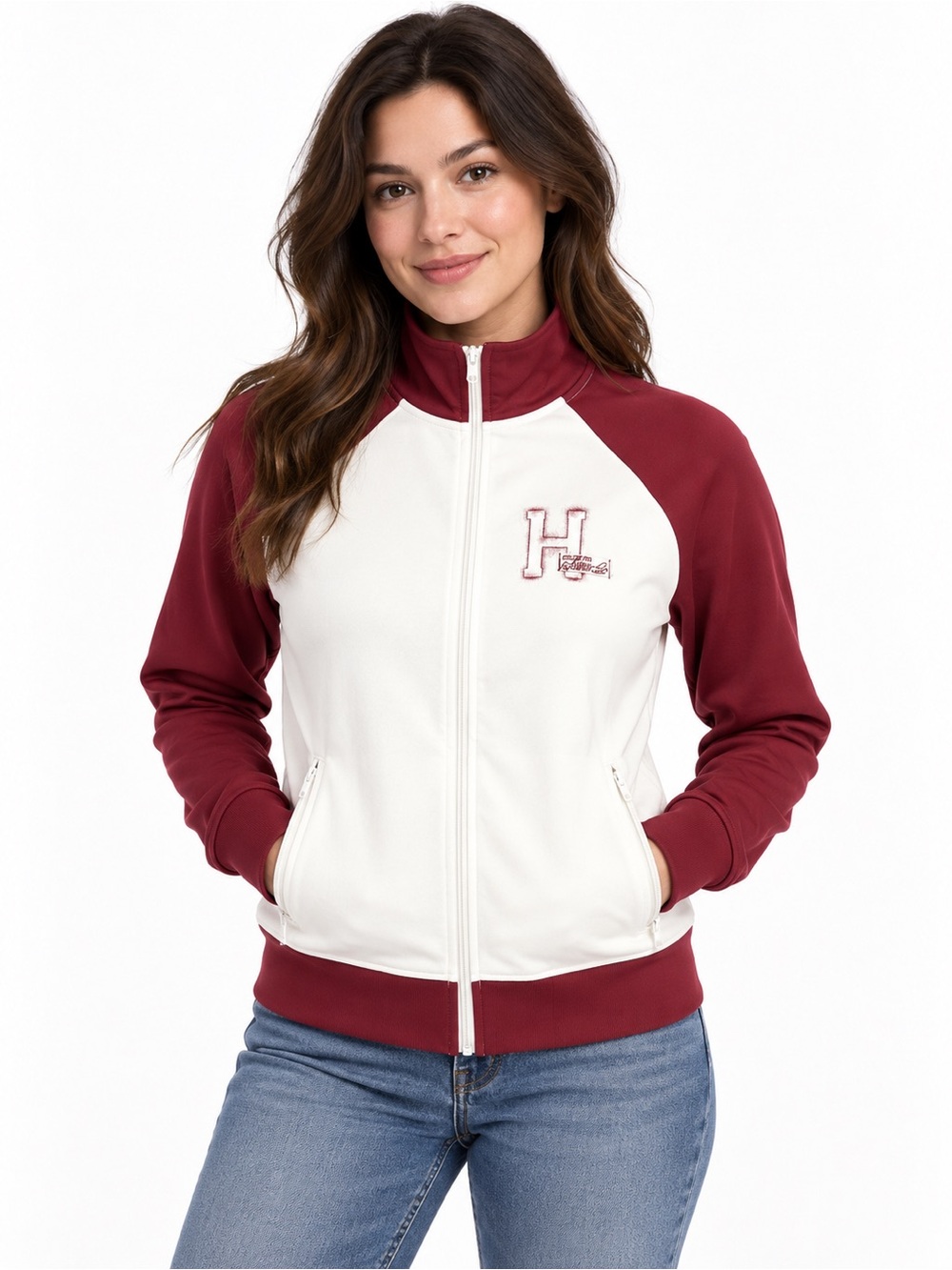 Y2K Vintage Hollister Juniors XL White Burgundy HCO-22 Full-Zip Track Jacket